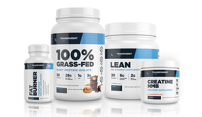 Fat Burner, 100% Grass-Fed Whey Protein Isolate, LEAN, and Creatine HMB all next to each other in a stack!